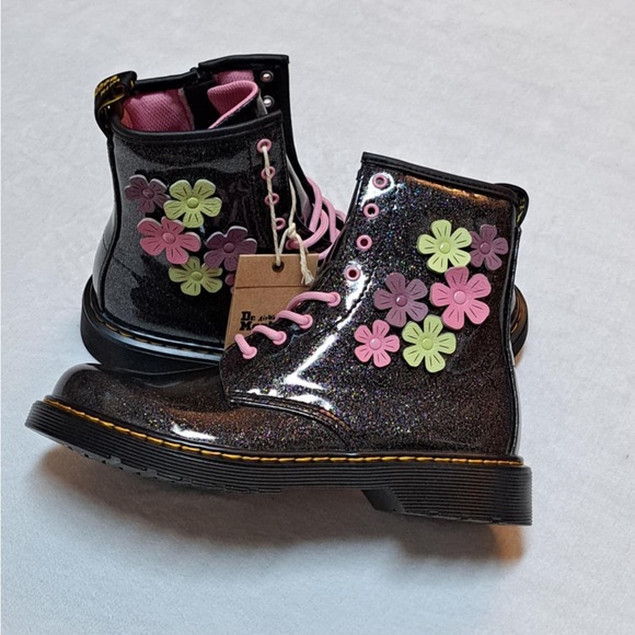 Dr Martens - Colorful Flower Applique Black Glitter Ankle Boots - Women's size 6